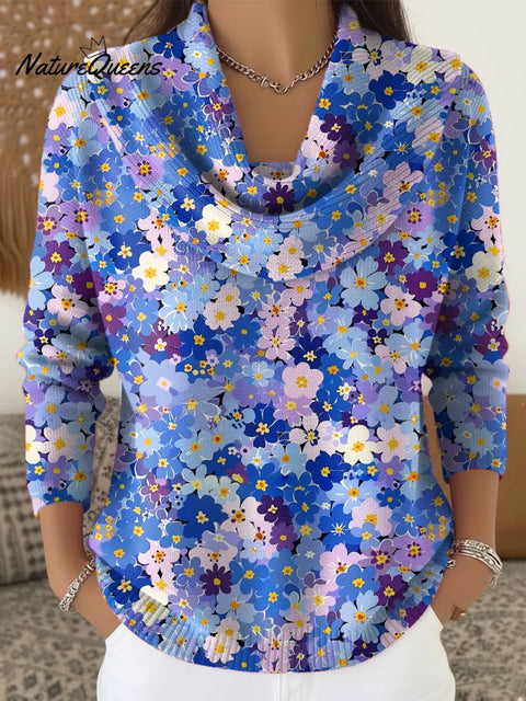 Women's Floral Pattern Art Print Casual Cowl Neck Sweater