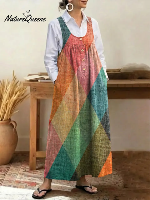 Women's Geometric Print U-neck Sleeveless Casual Loose Cotton Vest Dress