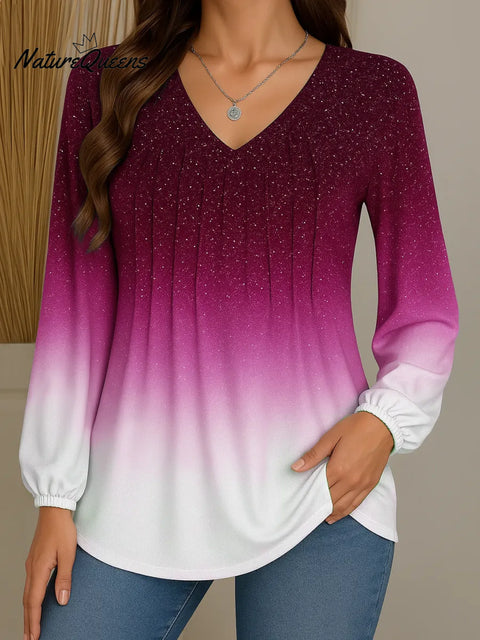 Women's Gradient Sequin V-Neck Long-Sleeve Casual Loose Knit Top