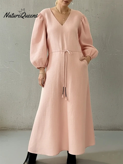 Elegant V-neck Puff Sleeve Adjustable Drawstring Linen Dress