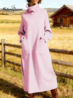 Women's Solid Color High-neck Long-sleeved Casual Loose A-line Velvet Dress