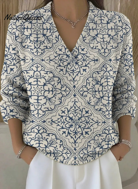 Art Blue Ethnic-style pattern Print V-Neck Sweater