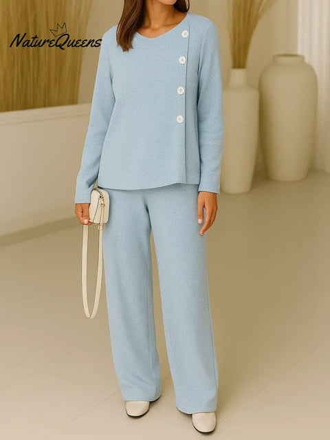 Women's Round Neck Long Sleeve Casual Button-Down Loose Knit Top and High-Waisted Wide-Leg Casual Pants Set