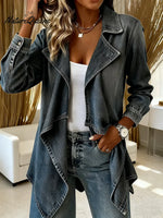 Women's Solid Color Long-sleeved Casual Loose Denim Cardigan With Irregular Hem.