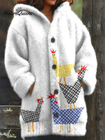 Women's Vintage Funny ChickenArt Print Casual Fleece Coat