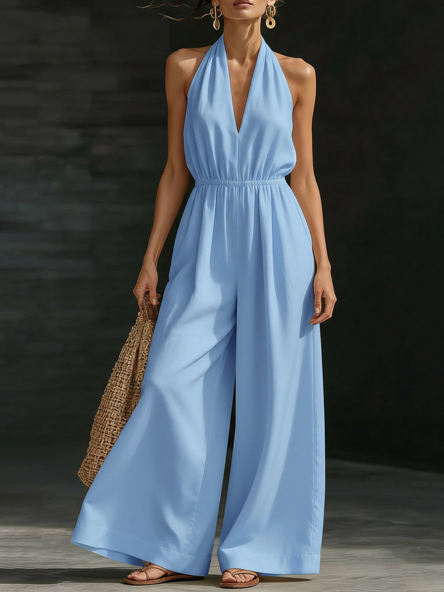 Minimalist And Elegant Halter-neck Wide-leg Linen Jumpsuit