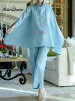 Women's Solid Color Stand-up Collar Batwing Sleeve Casual Loose Cotton And Linen Top And High-waisted Loose Wide-leg Pants Set