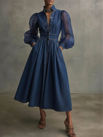 Stylish Denim Dress With Organza Sleeves And Buttons