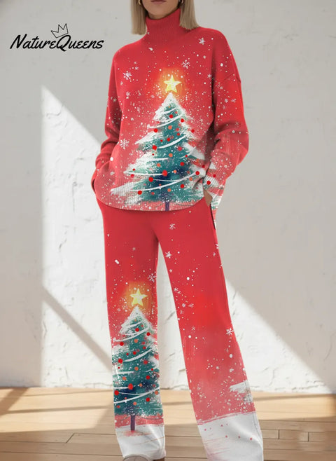 Women's Retro Christmas Tree Art Print Casual Knit Set