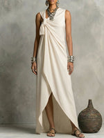 Women's Vintage-style Sleeveless Twisted Detail Asymmetric Neckline Slit Dress