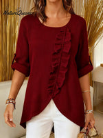 Women's Solid Color Round Neck Long-sleeved Casual Loose Three-dimensional Leaf-shaped Irregular Hem Knit Sweater