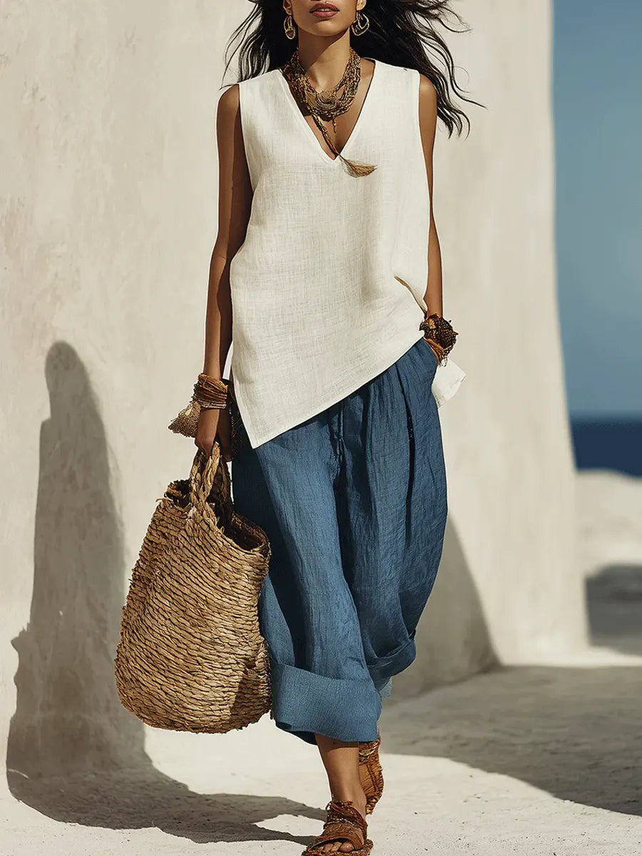 Women's Minimalist Cotton And Linen Sleeveless Set