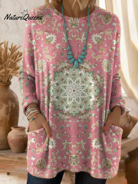 Women's Floral Pattern Art Print Casual Cotton Knitted Sweater