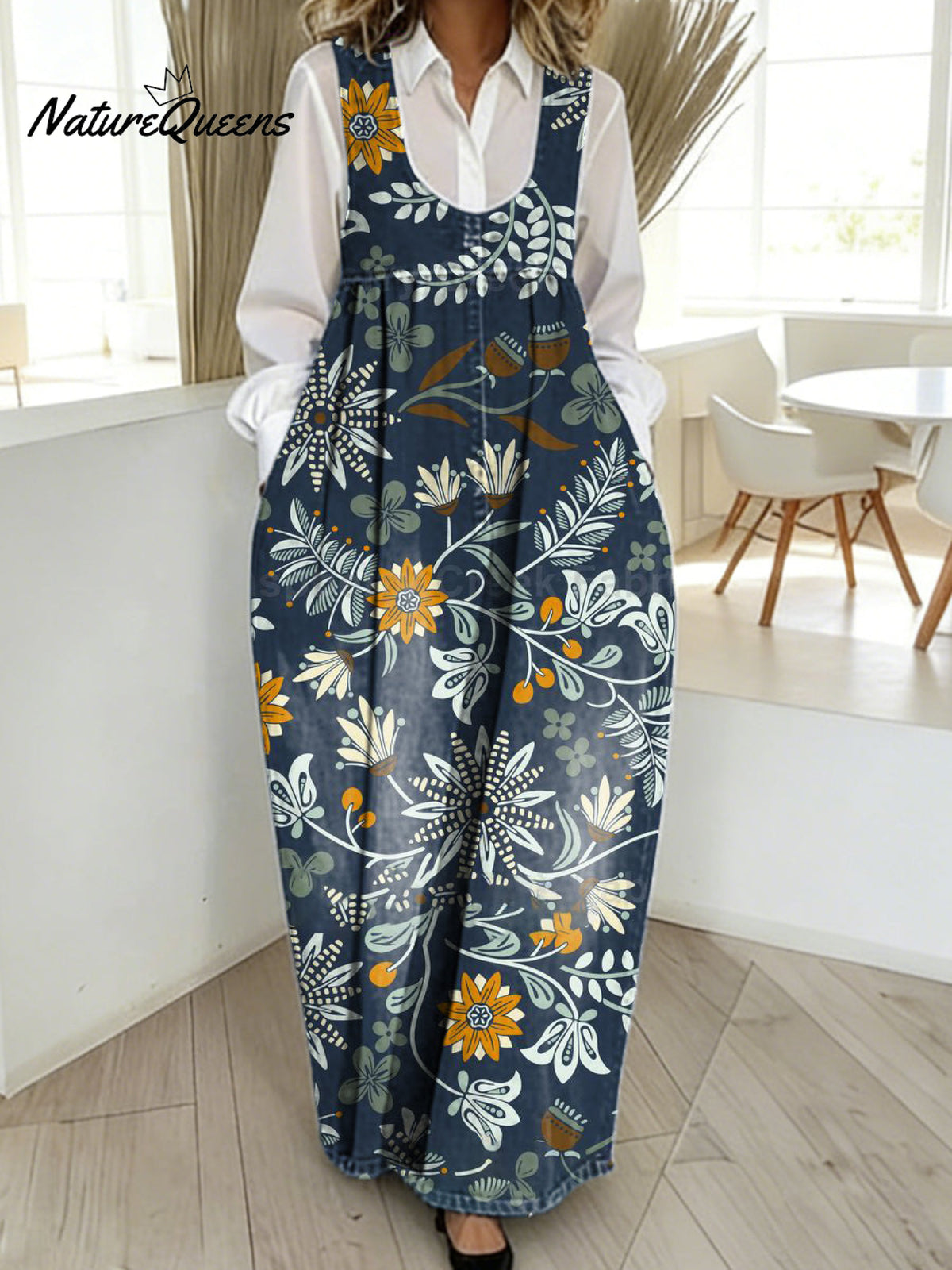 Women's VintageFlowers Art Print Casual Cotton Denim Dress