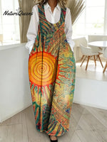 Women's Abstract Sun Pattern Art Print Casual Cotton Denim Dress