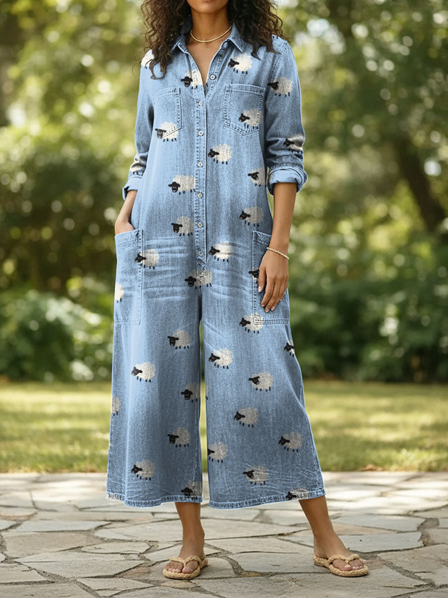 Women's Cute Little Sheep Print Cozy And Casual Cotton Jumpsuit