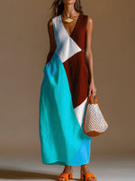 Women's Casual Loose Cotton-linen Dress With Geometric Color-block Print V-neck And Sleeveless Design