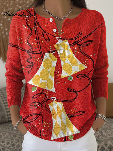 Women's Multicolor Christmas Bell Geometric Pattern Art Print Buttoned Cardigan Sweater