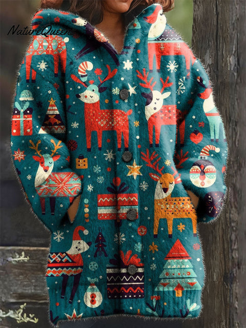 Women's Christmas Deer Ethnic Group Bell Tree Pattern Art Print Casual Plush Warm Coat