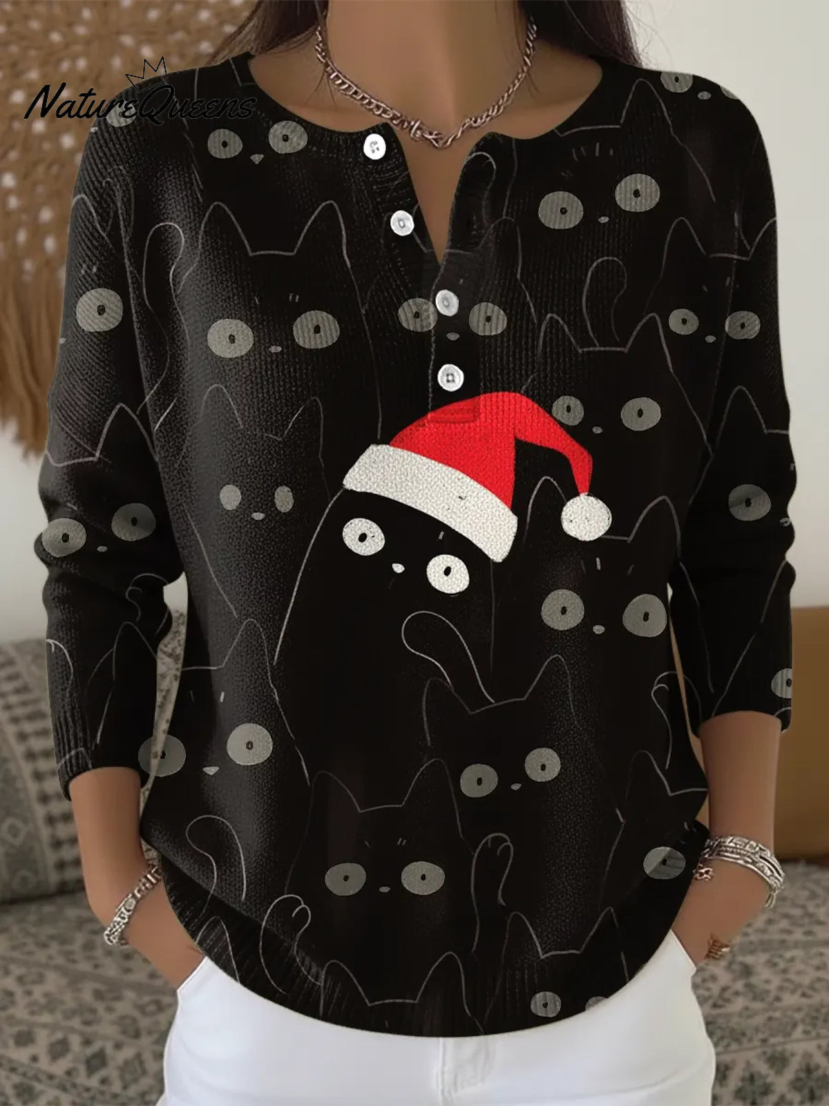 Women's Christmas Cat Pattern Casual Printed Sweater