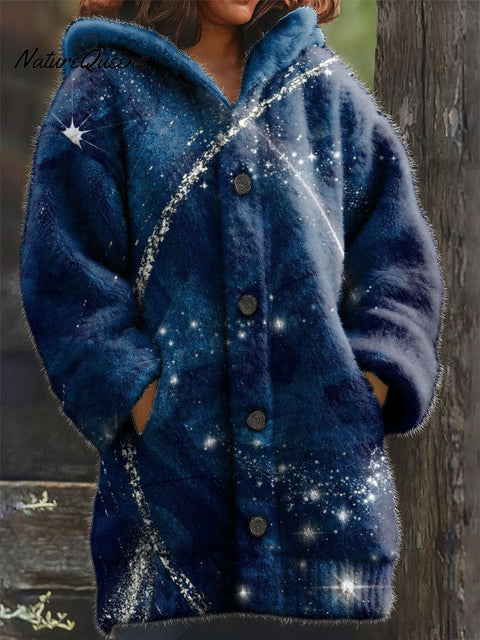 Women's Retro Christmas Stars Pattern Art Print Casual Plush Warm Coat