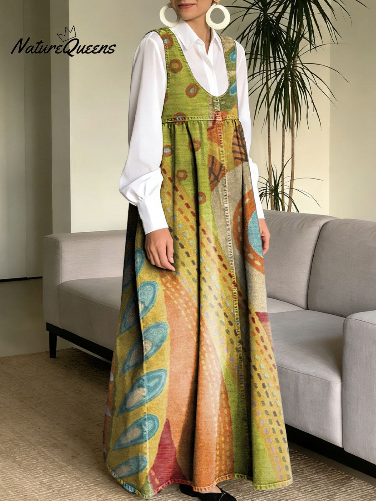 Women's Retro Splicing Colorful Flowers Pattern Art Print Casual Cotton Denim Dress