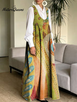 Women's Retro Splicing Colorful Flowers Pattern Art Print Casual Cotton Denim Dress