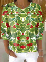 Women's Vintage ChristmasPrint Casual Peter Pan Collar 3/4 Sleeve Sweater