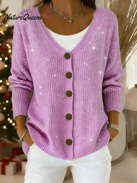 Women's Solid Color V-Neck Casual Loose Sequined Knit Cardigan