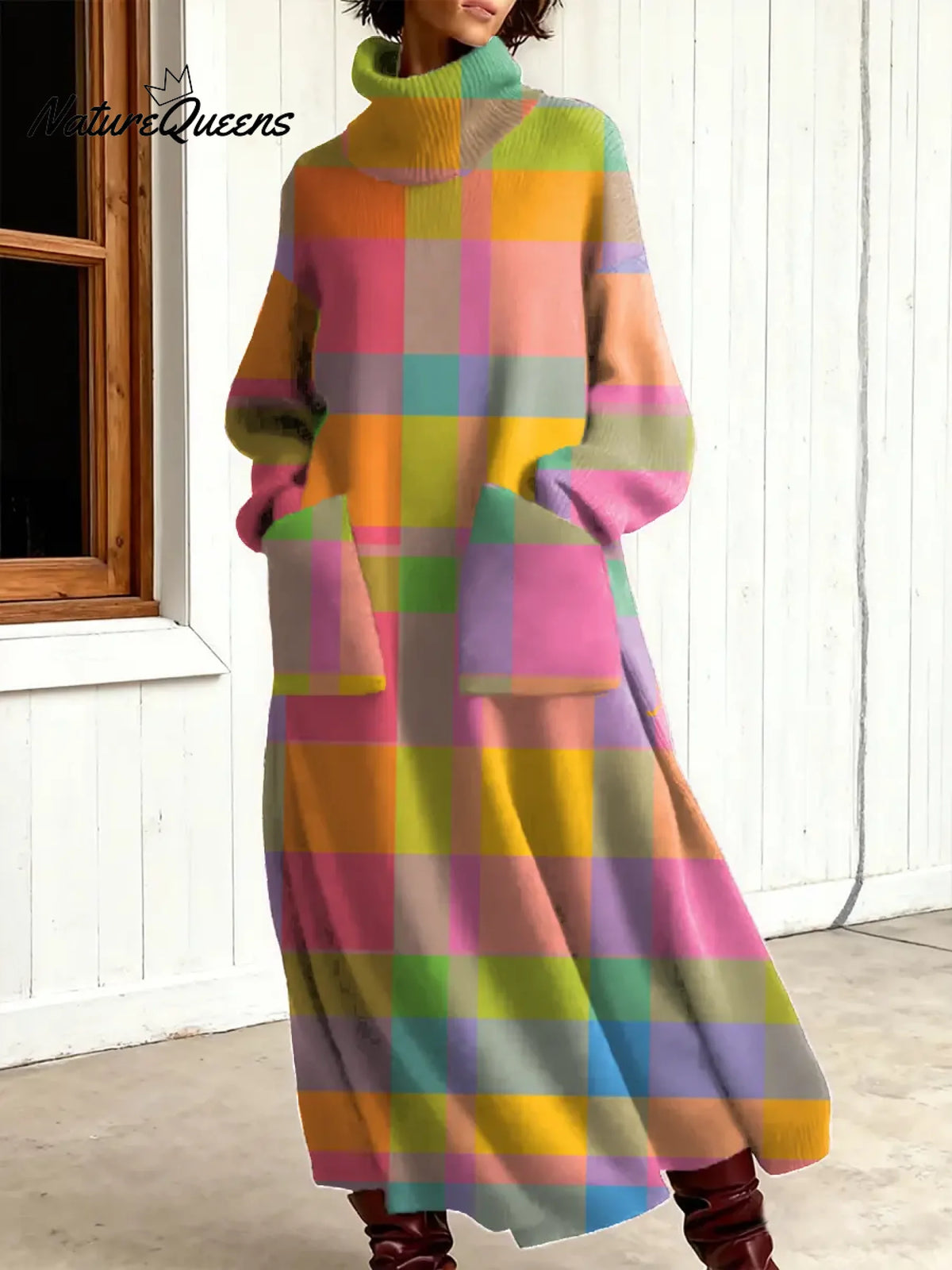 Women's Vintage Plaid Art Print Casual Cotton Knitted Dress