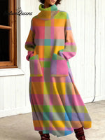 Women's Vintage Plaid Art Print Casual Cotton Knitted Dress