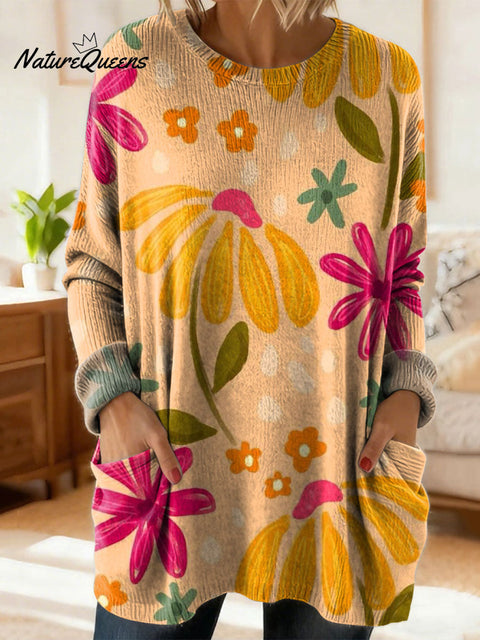 Women's Lovely Floral Flowers Pattern Art Print Casual Cotton Knitted Sweater