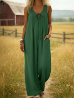 Cozy Pleated Drawstring Cotton Jumpsuit