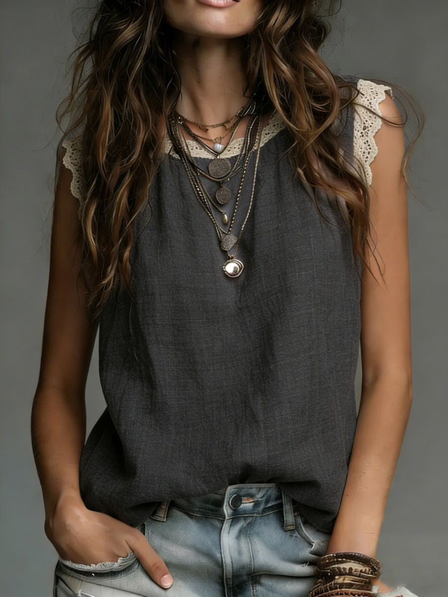 Women's Retro Round Neck Lace-paneled Sleeveless Loose-fit Solid-color Linen Shirt
