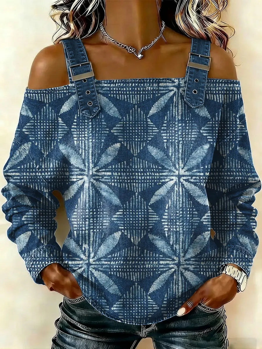 Women‘s Vintage Pattern Art Print Casual Cotton Denim Shirt