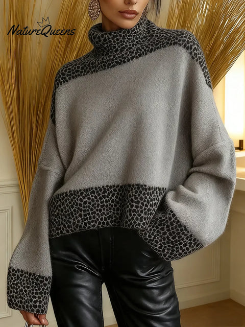 Women's Leopard Print Patchwork High-Neck Long-Sleeve Casual Loose Knit Dress