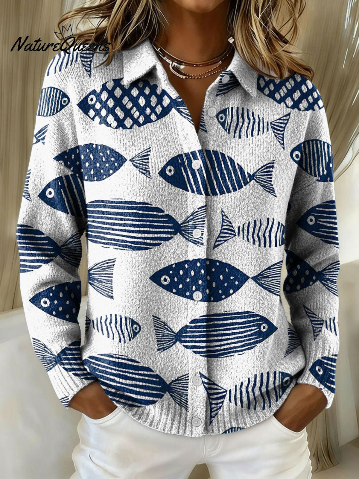 Geometric Fish Decorative Pattern Casual Shirt Collar Long Sleeve Sweater