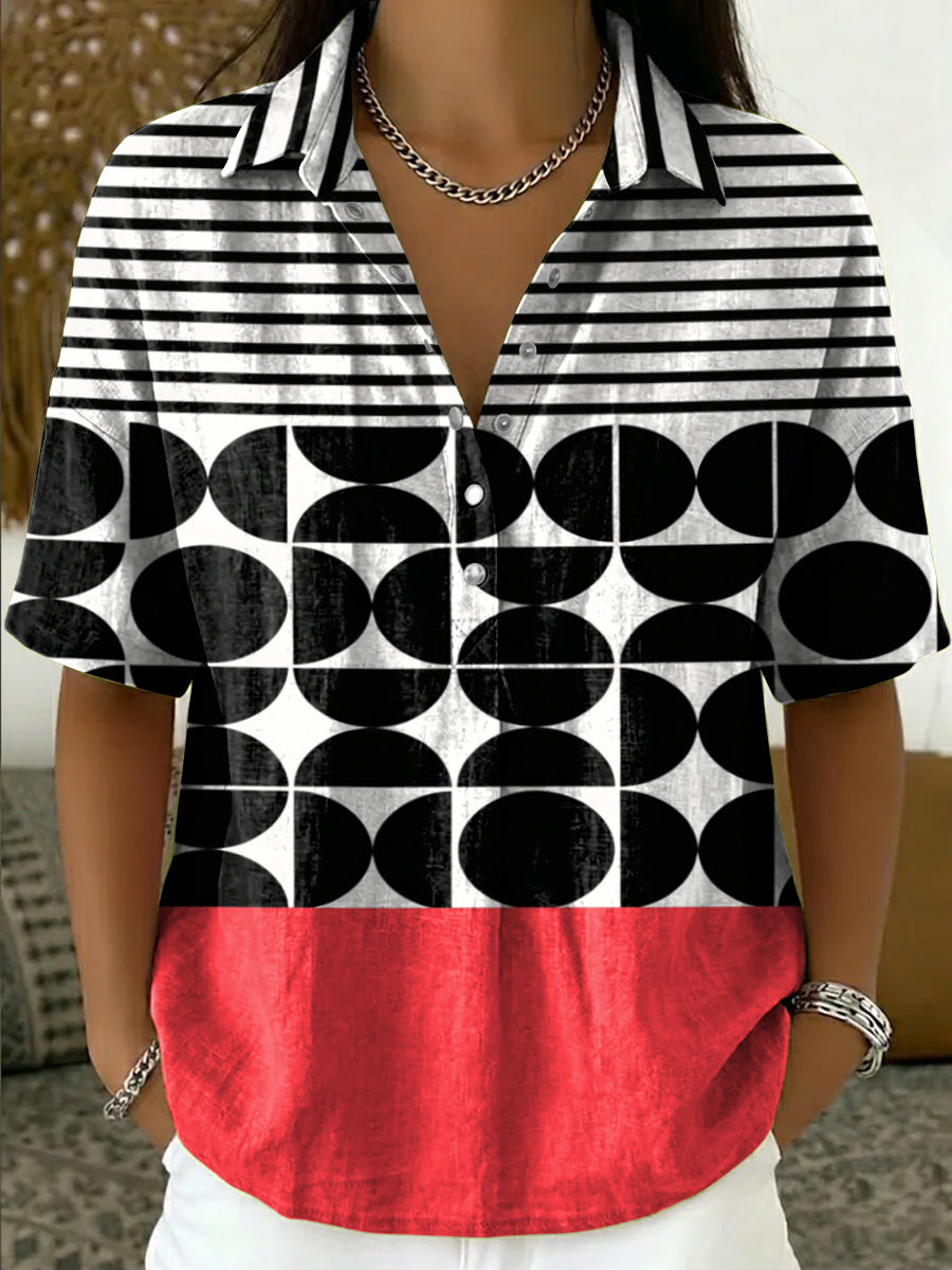 Women's Retro Color-block Striped Half-placket Shirt