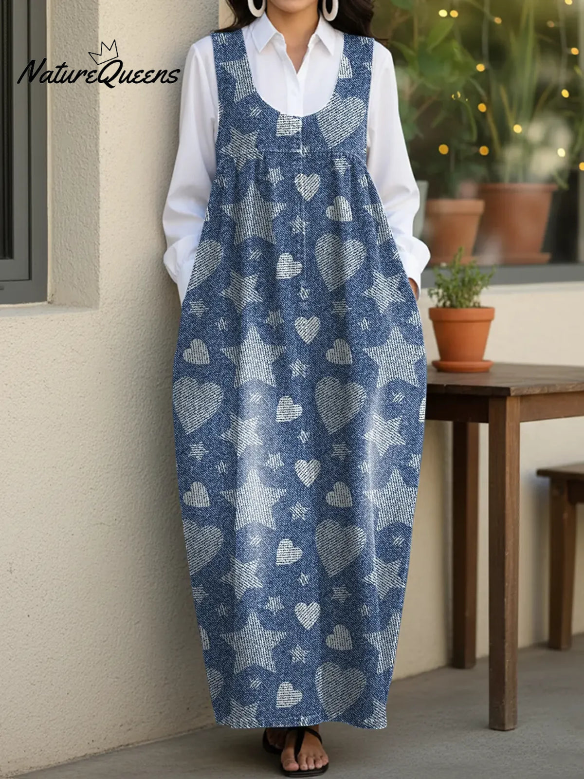Women's Cute Star Hearts Casual Loose Denim Vest Dress