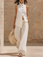 Retro Cozy Lace Top And Wide-leg Pants Linen Set