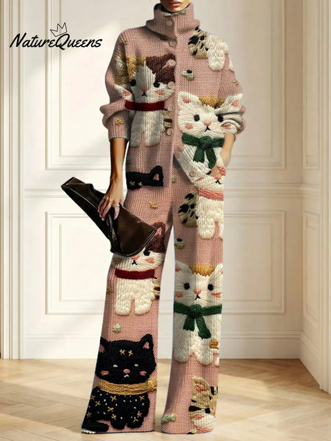 Women's Embroidery Cute Cats Art Print Casual Cotton Knitted Suits