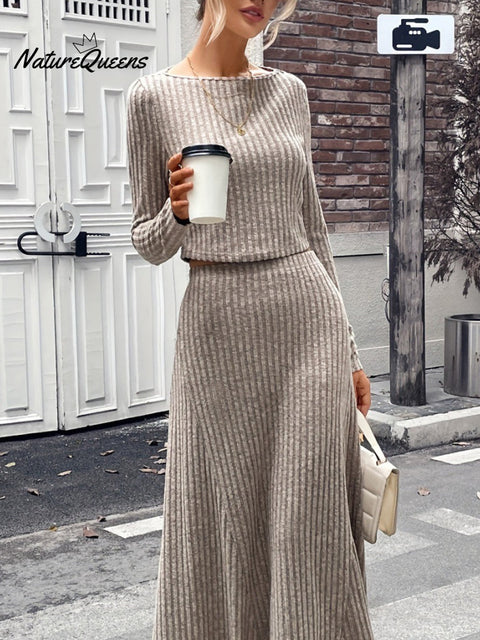 Women's Casual Long Sleeve Top Skirt Knitted Suit