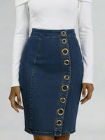 Casual Denim Skirt With Metal Ring Embellishments.