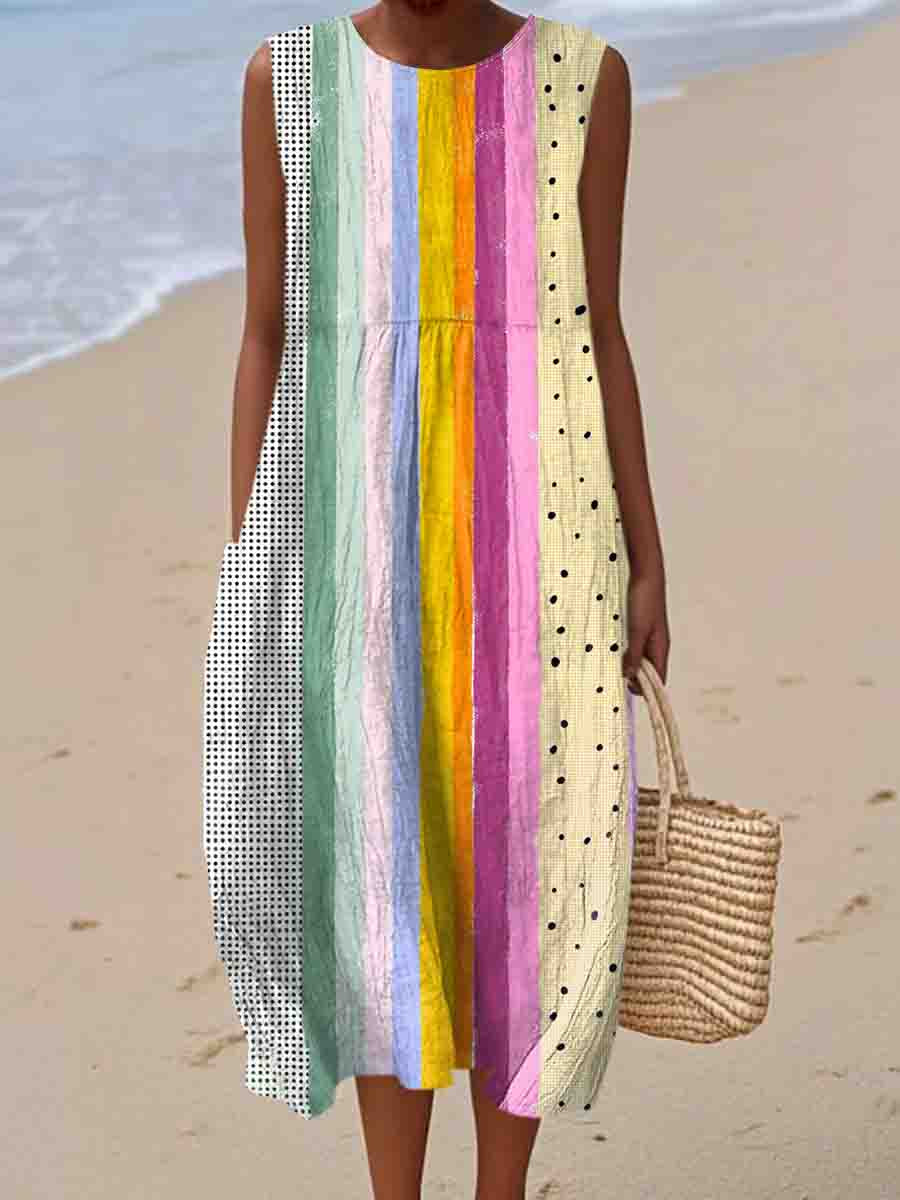 Women's Vintage Abstract Geometry Art Print Sleeveless Cotton Pocket Wrap Dress