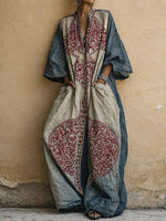 Women's Vintage Print V-neck 3/4-sleeve Cotton-linen Jumpsuit