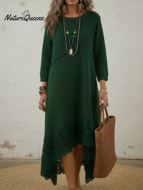 Elegant Lace-hemmed Knit Midi Dress