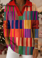 Colorful Stripes Print Lapel Casual Knit Sweater