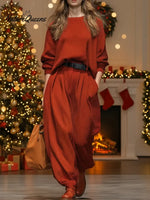 Women's Solid Color Round Neck Long Sleeve Casual Loose Waffle Knit Top High Waist Casual Loose Wide Leg Jogger Pants Set