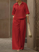 Women's Casual Linen And Cotton Shirt And Wide-leg Pants Two-piece Set