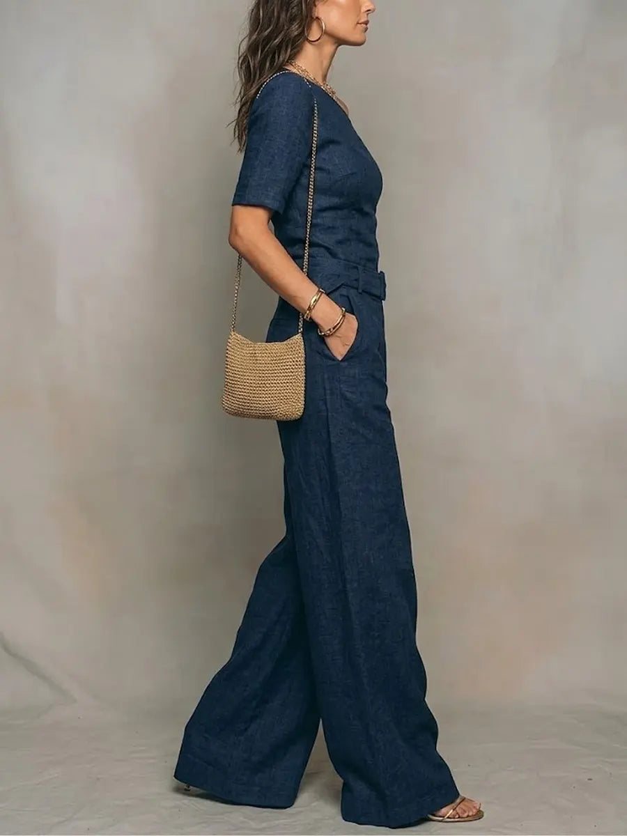 Women's Linen One-shoulder Jumpsuit With Wide-leg Pants